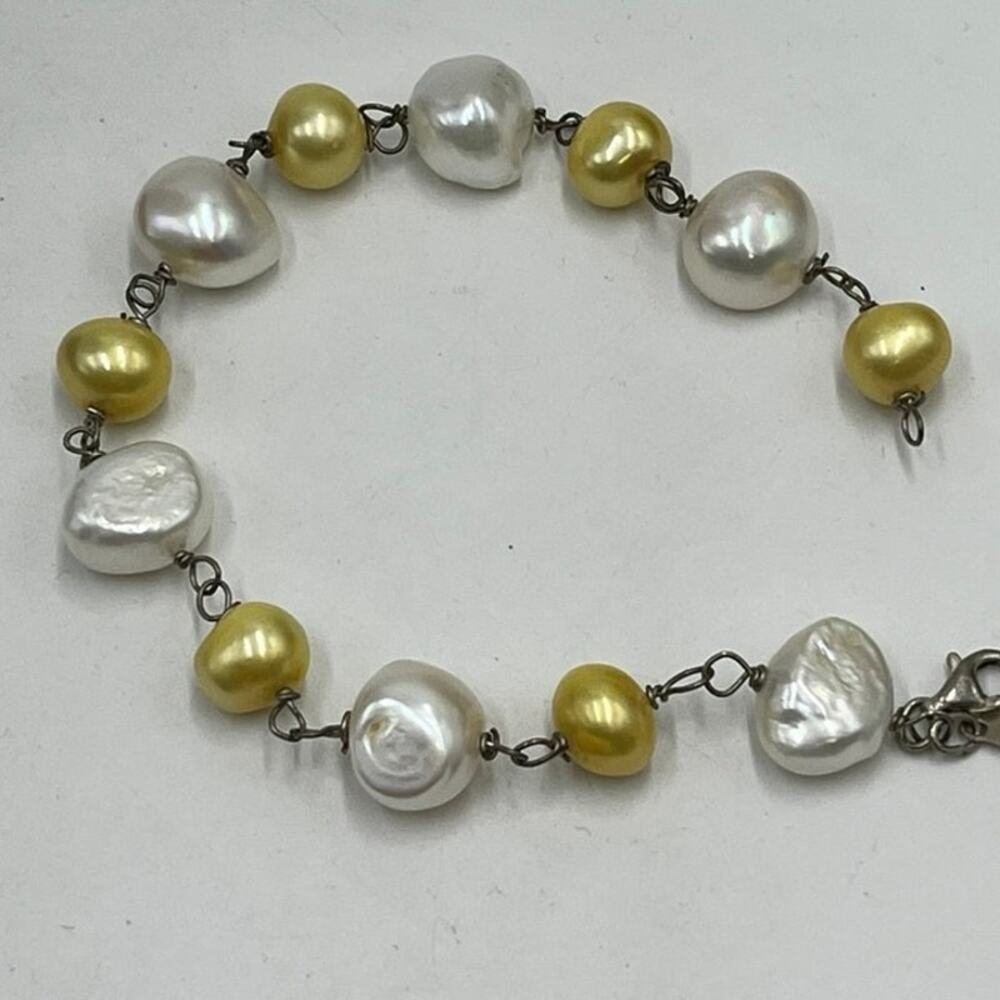 Deidda Firenze Italy‎ Yellow White Baroque Pearl Bracelet Sterling Silver 8.25